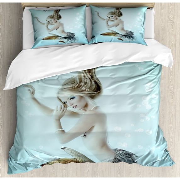 Mermaid Duvet Cover Set King Size, Floating Mermaid with Water Bubbles Underwater Mythology Artwork Print, Decorative 3 Piece Bedding Set with 2 Pillow Shams, Seafoam Beige Brown, by Ambesonne