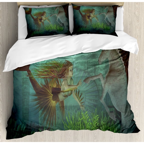 Mermaid Duvet Cover Set King Size, Mermaid Meets Seahorse Underwater World Fantasy Magical Fairytale Design, Decorative 3 Piece Bedding Set with 2 Pillow Shams, Aqua Green Amber, by Ambesonne