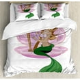 thumbnail image 1 of Mermaid Duvet Cover Set, Little Mermaid with Blonde Hair Playing Harp Romance Art Illustration, Decorative 3 Piece Bedding Set with 2 Pillow Shams, Queen Size, Pink Green, by Ambesonne, 1 of 3