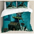 thumbnail image 1 of Mermaid Duvet Cover Set, Mermaid in Ocean Discovering Pirates Treasure Chest Mythical Art Print, Decorative 3 Piece Bedding Set with 2 Pillow Shams, King Size, Azure Blue Brown Cream, by Ambesonne, 1 of 3