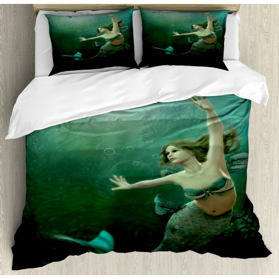Mermaid Duvet Cover Set Queen Size, Computer Graphics of Mermaid Underwater Life Picture Dreamlike Design, Decorative 3 Piece Bedding Set with 2 Pillow Shams, Jade Green Teal Ivory, by Ambesonne
