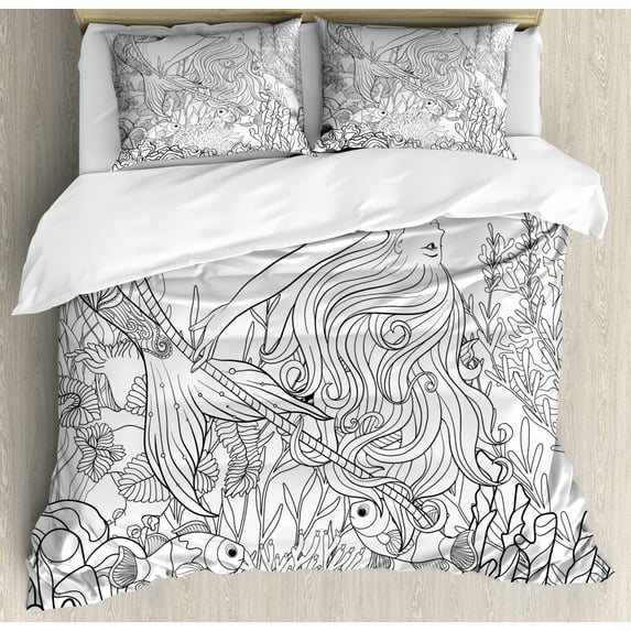 Mermaid Duvet Cover Set Queen Size, Surreal Little Mermaid Enjoying Undersea Ancient Lady in Coral Reef Artsy Graphic, Decorative 3 Piece Bedding Set with 2 Pillow Shams, Grey White, by Ambesonne