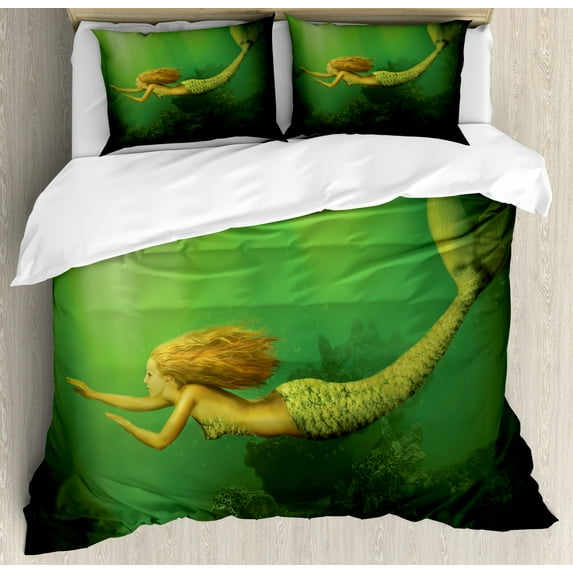Mermaid Duvet Cover Set Queen Size, Mermaid With Fish Tail Swimming in the Deep Sea Fantasy World Artwork, Decorative 3 Piece Bedding Set with 2 Pillow Shams, Green Dark Green Ginger, by Ambesonne