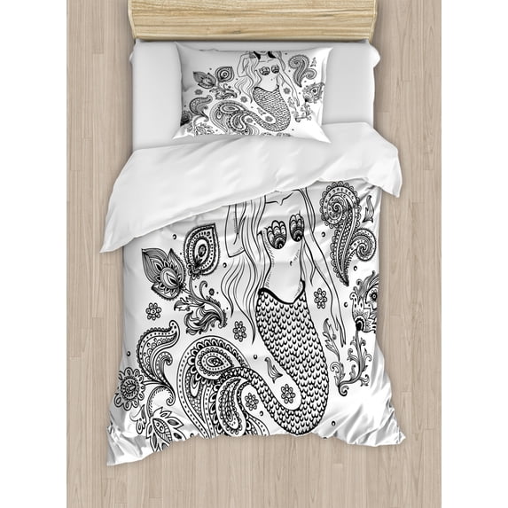Mermaid Duvet Cover Set Twin Size, Mermaid Figure with Ornate Paisley Leaf Folkloric Human Fish Design, Decorative 2 Piece Bedding Set with 1 Pillow Sham, Black Grey, by Ambesonne