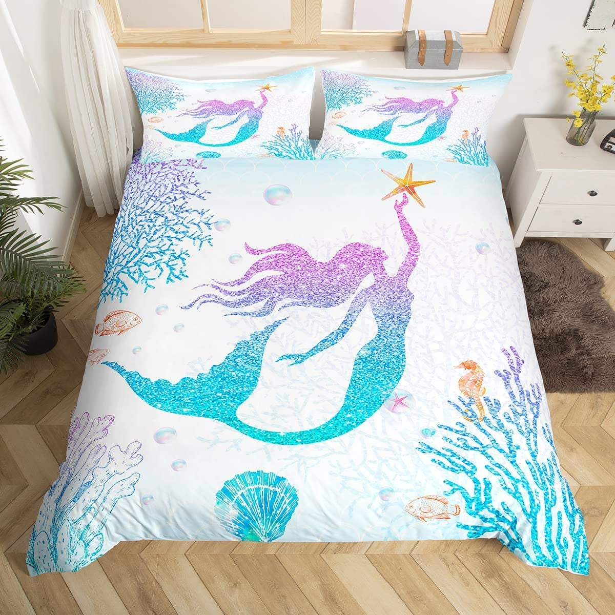 Mermaid Duvet Cover Set Twin Size Rainbow Watercolor Glitter Bedding