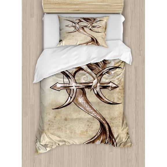 Mermaid Duvet Cover Set, Vintage Girl in the Sea an Anchor Mythical Aquatic Creature Graphic Art, Decorative 2 Piece Bedding Set with 1 Pillow Shams, Twin Size, Beige Brown, by Ambesonne