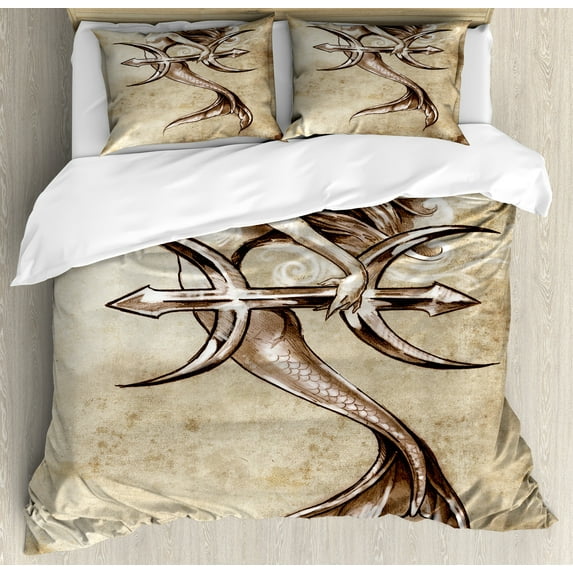 Mermaid Duvet Cover Set, Vintage Girl in the Sea an Anchor Mythical Aquatic Creature Graphic Art, Decorative 3 Piece Bedding Set with 2 Pillow Shams, Queen Size, Beige Brown, by Ambesonne