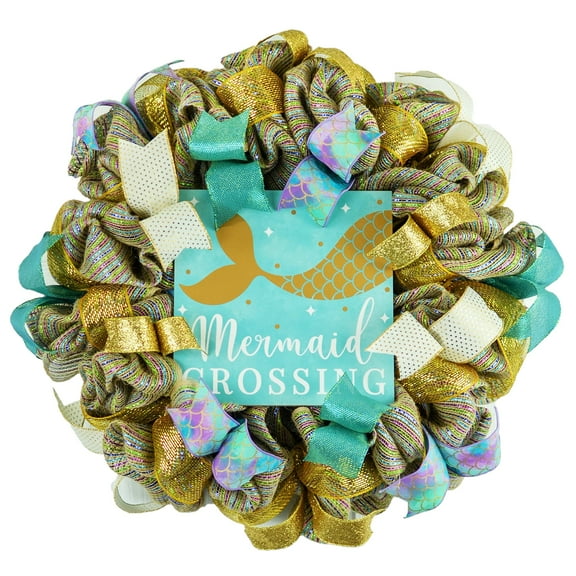 Mermaid Everyday Wreath - Beach Whimsical Fun Teenager Door Decor - Blue Gold