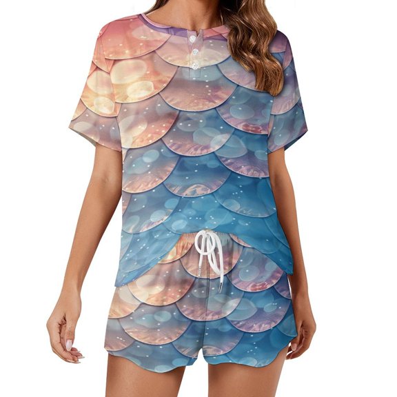 Mermaid Fish Scales 2 Pack Women’s Pajama Set Print Sleepwear And Shorts Y2k Loungewear Sets S-5XL