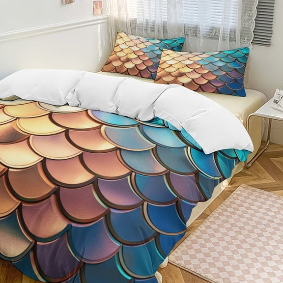 Mermaid Fish Scales 3 Pieces Duvet Cover with Zipper Closure,Premium Polyester Lightweight Bedding Set