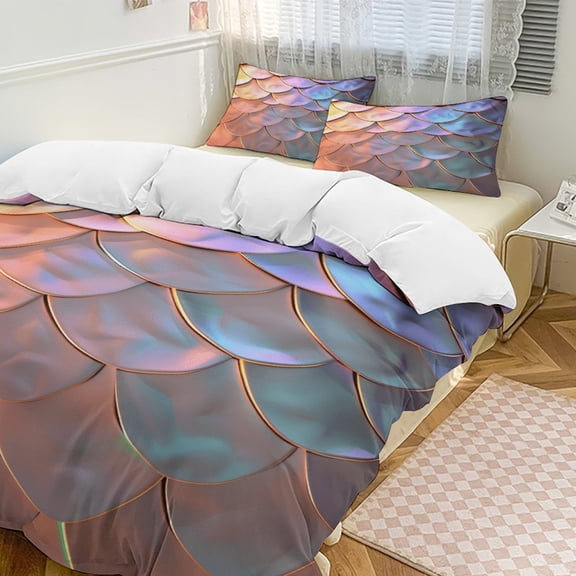 Mermaid Fish Scales 3 Pieces Duvet Cover with Zipper Closure,Premium Polyester Lightweight Bedding Set