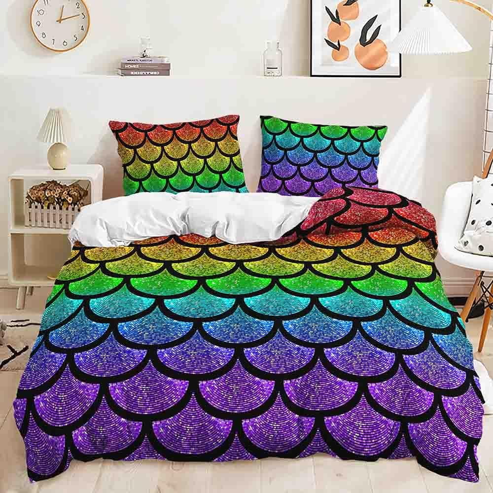 Mermaid Fish Scales Duvet Cover Full Size Colorful Pink And Blue Toddler Bedding Set Glitter