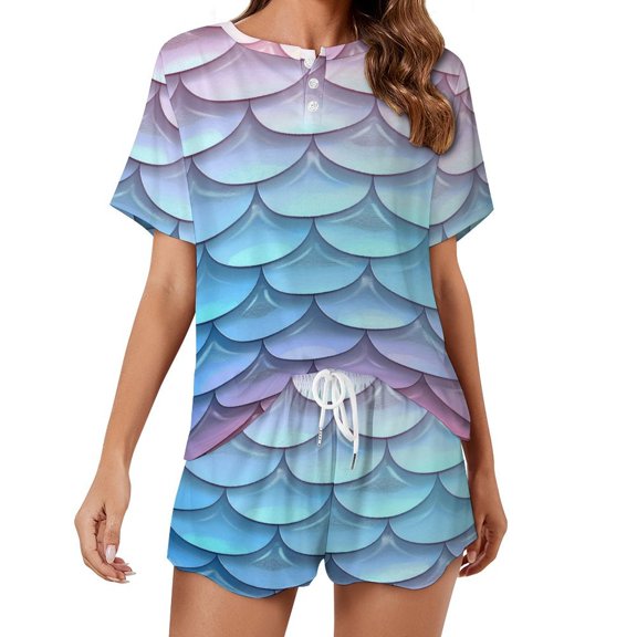 Mermaid Fish Scales Print Women'S Pajamas Set Summer Sleepwear Sets 2 Piece Lounge Set