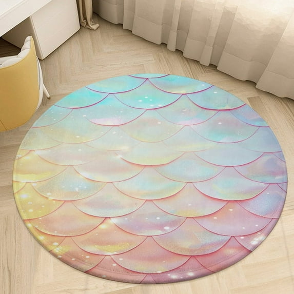 Mermaid Fish Scales Round Rugs -Washable Non-Slip Small Round Area Rug Throw Soft Circle Rugs for Bedroom, Modern Print Indoor Carpet for Entryway Sofa Living Room