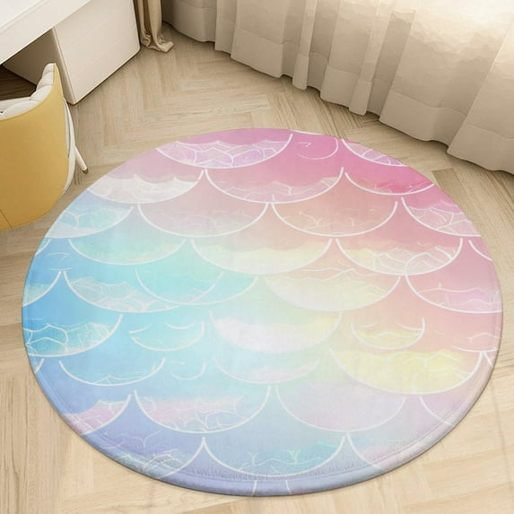 Mermaid Fish Scales Washable Round Rug -Circle Area Rugs for Nursery Bedroom, Vintage Non Slip Non Shedding Low Pile Carpet for Living Room Coffee Table Entryway
