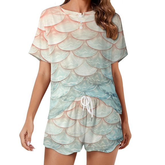 Mermaid Fish Scales Women's Ruffle Short Sleeve Tops And Shorts Cute Peeps Bunny Pajamas Sets