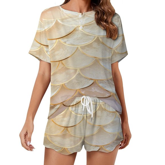 Mermaid Fish Scales Women's Ruffle Short Sleeve Tops And Shorts Cute Peeps Bunny Pajamas Sets