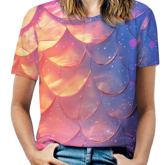 Mermaid Fish Scales Women's Short Sleeve T-Shirt Crew Neck Casual Summer Trendy Loose Fit Tops