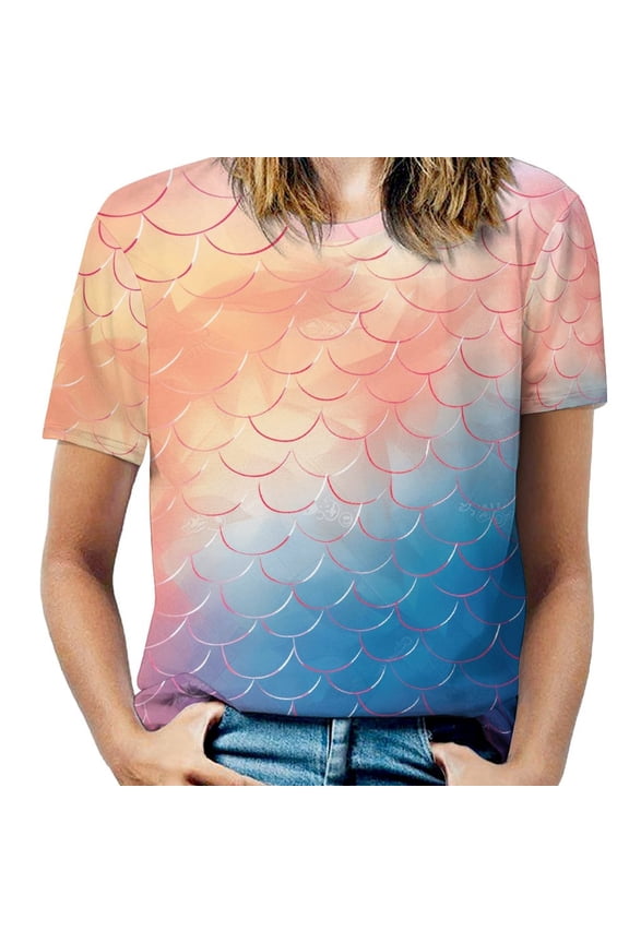 Mermaid Fish Scales Women's Short Sleeve T-Shirt Crew Neck Casual Summer Trendy Loose Fit Tops