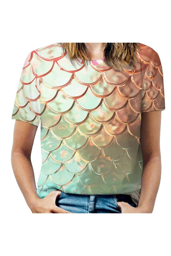 Mermaid Fish Scales Women's T-Shirt Short Sleeve T Shirts Tops Tee Ladies Loose T