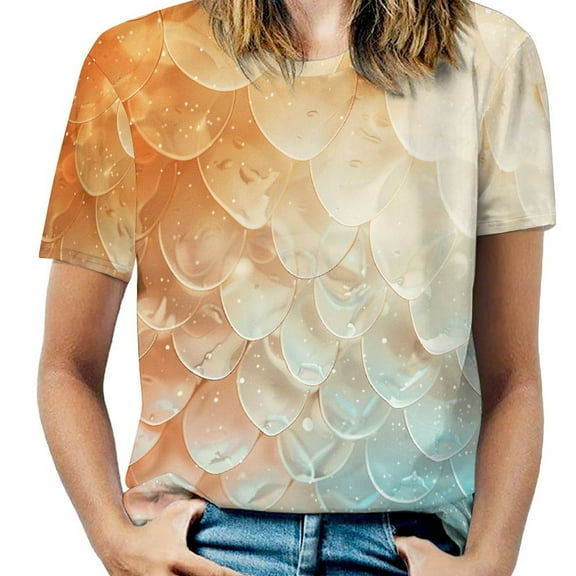 Mermaid Fish Scales Womens Tops Women's Fashion Casual Short Sleeve Flower Print Round Neck Pullover Top Blouse