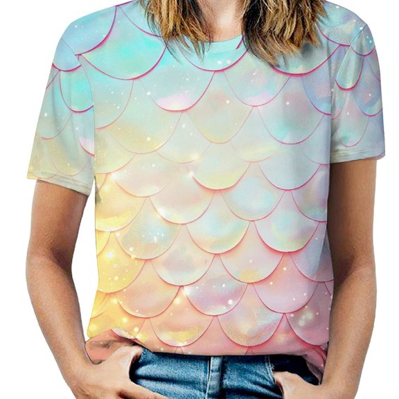Mermaid Fish Scales Womens Tops Women's Fashion Casual Short Sleeve Flower Print Round Neck Pullover Top Blouse