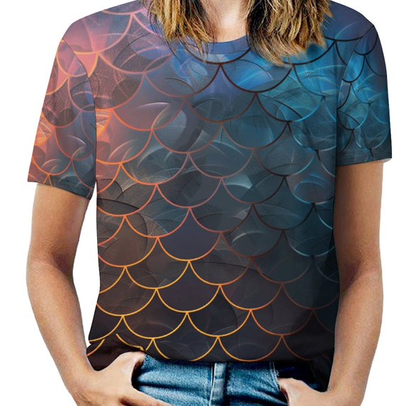 Mermaid Fish Scales Womens Tops Women's Fashion Casual Short Sleeve Flower Print Round Neck Pullover Top Blouse