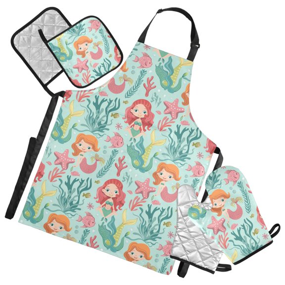 Mermaid Fish Seaweed 5 Pcs Kitchen Set Heat Resistant Oven Mitts and Non-Slip Pot Holders with Adjustable Cooking Apron