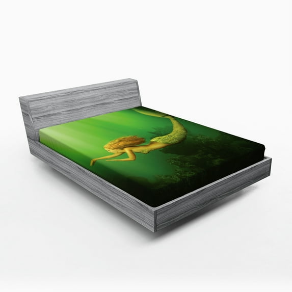 Ambesonne Ocean Fitted Sheet, Mermaid with Fish Tail, Full Size, Dark Green Ginger Green