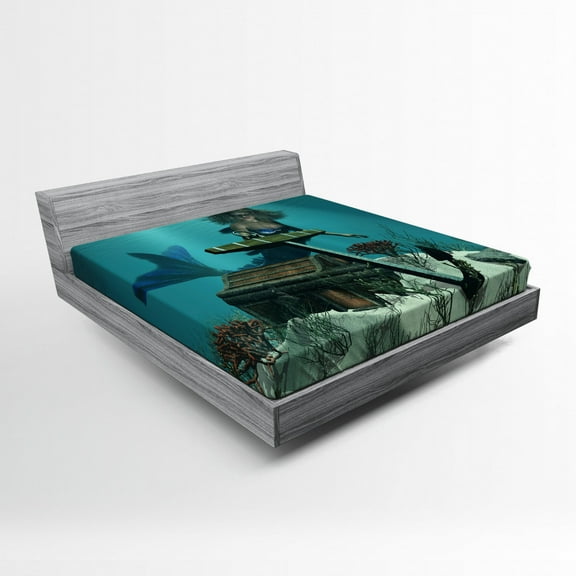 Mermaid Fitted Sheet, Mermaid in Ocean Discovering Pirates Treasure Chest Mythical Art Print, Soft Decorative Fabric Bedding, Full Size, Azure Blue Brown Cream, by Ambesonne