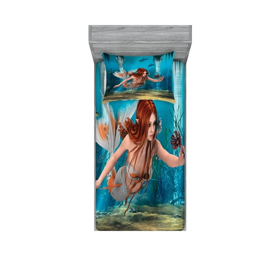 Mermaid Fitted Sheet & Pillow Sham Set, Lifelike Mermaid Holding a Sea Lily Magic Aquatic World Theme, Decorative Printed 4 Piece Bedding Decor Set, Twin, Burnt Sienna Pale Blue, by Ambesonne