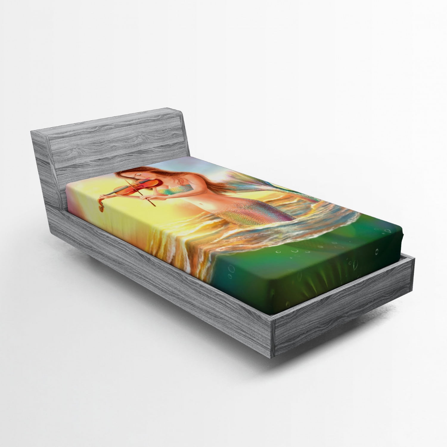 Mermaid Fitted Sheet, Mermaid Playing Violin at Sunset View Colorful