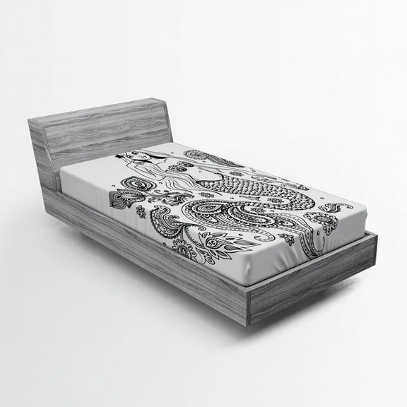 Mermaid Fitted Sheet, Woman Ornate Paisley Leaf Folkloric Human Fish Design, Soft Decorative Fabric Bedding, Twin Size, Black Grey, by Ambesonne