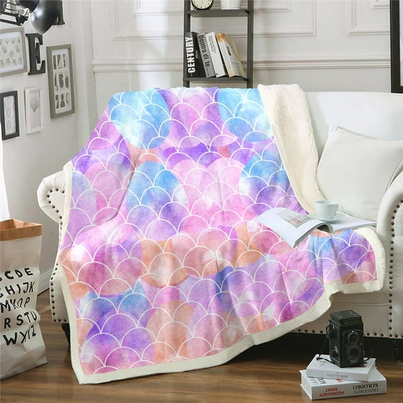Mermaid Fleece Blanket Bedroom Mermaid Scale Throw Blanket Ocean Sea World Women, Twin Fuzzy Blanket Mermaid Watercolor Print Blanket Pink Room Decor - Purple Pink Blue