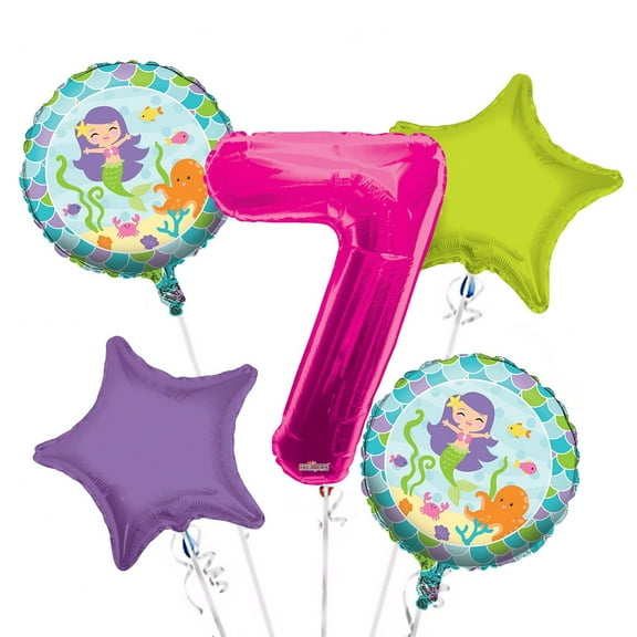 Mermaid Friends Balloon Bouquet 7th Birthday 5 pcs - Party Supplies