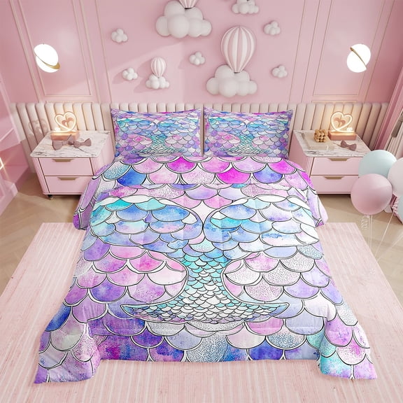 Mermaid Full Comforter Set,Mermaid Bedding Sets,Rainbow Scales Mermaid Bedding Comforter Sets Ocean Animal Pastel Quilted Duvet Kawaii Room Decor,Pink Purple