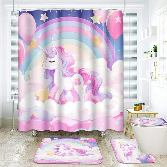 Mermaid Galaxy Unicorn Bathroom Sets with Shower Curtain and Rugs and Accessories, Space Cool Fish Shower Curtain Sets, Kids Abstract Fantasy Shower Curtains for Bathroom Decor 4 Pcs