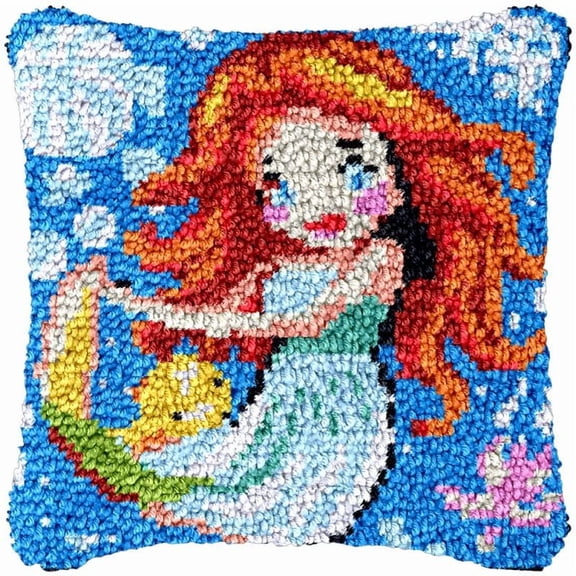 Mermaid Girl Latch Hook Pillowcase Kits for Adults and Starter DIY Cushion Cross Stitch Latch Hook Rug Kits with Preprinted Canvas Crochet Yarn Kits Needlework Crafts 17'' X 17''