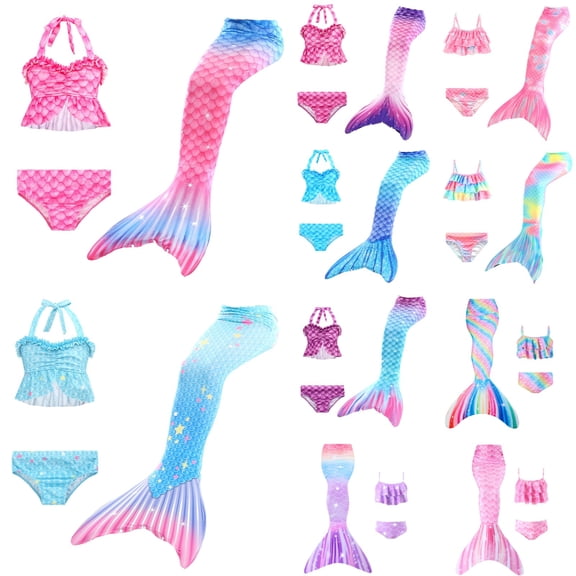 Girls Bathing Suit 3Pcs Ruffle Top Bikini Bottoms Fish Tail Swimsuit Kids Beach Pool Swimwear Dark Purple L(7-8 Years)