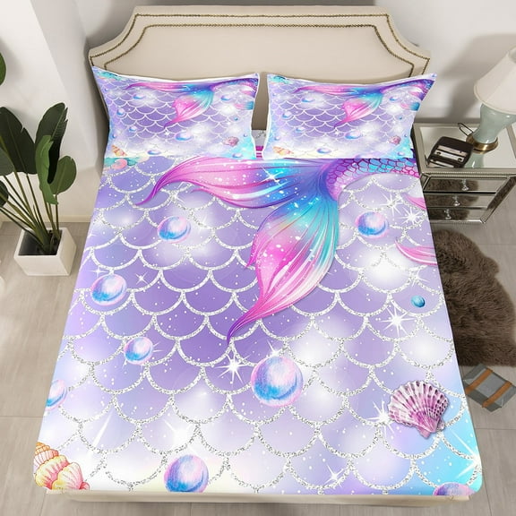 Mermaid Bedding Set Twin,Purple Rainbow Fitted Sheet Pink Mermaid Tail Bed Sheets,Girly Glitter Sparkle Bedroom Decor for Teen cute Kawaii Sheets(No Top Sheet)(No Top Sheet)