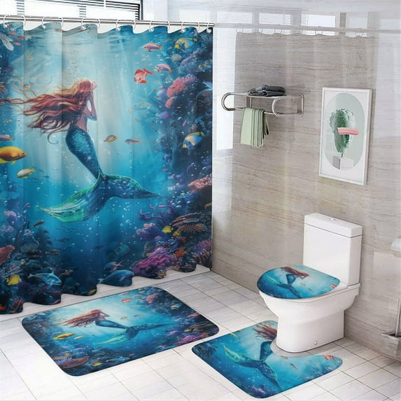 Mermaid Glitter Fish Scale Girls 4 Pcs Shower Curtain Set with Rug Bathroom Sets with Waterproof Fabric And Non-Slip Rugs Toilet Lid Cover Bath Mat Decor with Hooks