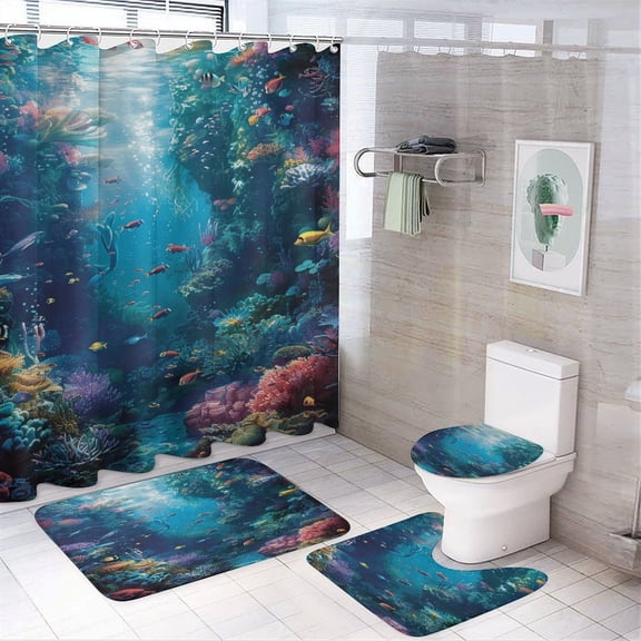 Mermaid Glitter Fish Scale Girls 4 Piece Shower Curtain Sets, Non-Slip Rugs, Toilet Lid Cover And Bath Mat, for Bathroom Decor Set, 72" X 72"