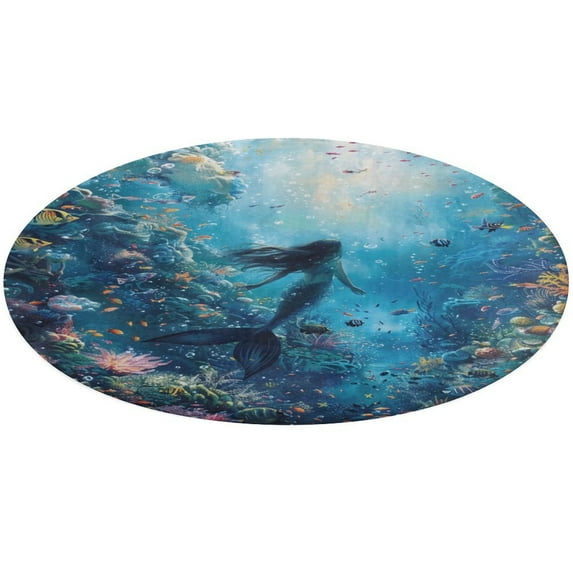Mermaid Glitter Fish Scale Girls Floral Medallion Round Rug - Small Round Area Rug, Soft Non-Slip Machine Washable Bedroom Mat Indoor Accent Entry Carpet for Office Desk Dorm Hallway