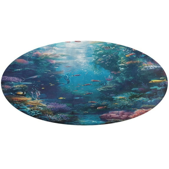 Mermaid Glitter Fish Scale Girls Floral Medallion Round Rug - Small Round Area Rug, Soft Non-Slip Machine Washable Bedroom Mat Indoor Accent Entry Carpet for Office Desk Dorm Hallway