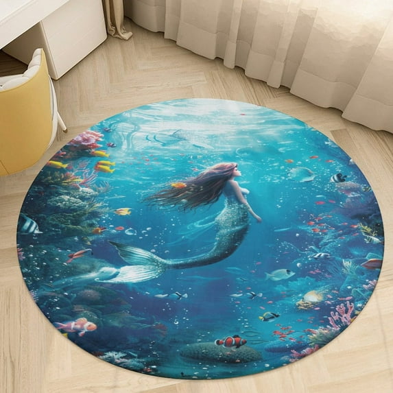 Mermaid Glitter Fish Scale Girls Round Rugs -Washable Non-Slip Small Round Area Rug Throw Soft Circle Rugs for Bedroom, Modern Print Indoor Carpet for Entryway Sofa Living Room