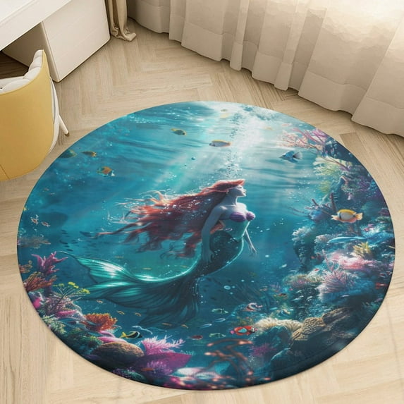 Mermaid Glitter Fish Scale Girls Round Small Area Rug, Print Non Slip Washable Floor Mat, Soft Throw Rug for Living Room, Powder Room Entryway, Bathroom, Bedside