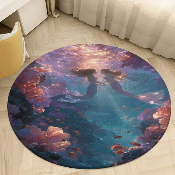 Mermaid Glitter Fish Scale Girls Soft Bedroom Round Area Rug, Washable Cute Nursery Circle Throw Mat, Non-Slip Contemporary Small Low Pile Floor Carpet for Dorm Bedside