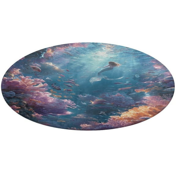 Mermaid Glitter Fish Scale Girls Washable Round Rug -Circle Area Rugs for Nursery Bedroom, Vintage Non Slip Non Shedding Low Pile Carpet for Living Room Coffee Table Entryway