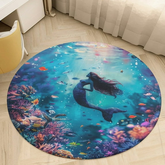 Mermaid Glitter Fish Scale Girls Washable Round Rug -Circle Area Rugs for Nursery Bedroom, Vintage Non Slip Non Shedding Low Pile Carpet for Living Room Coffee Table Entryway