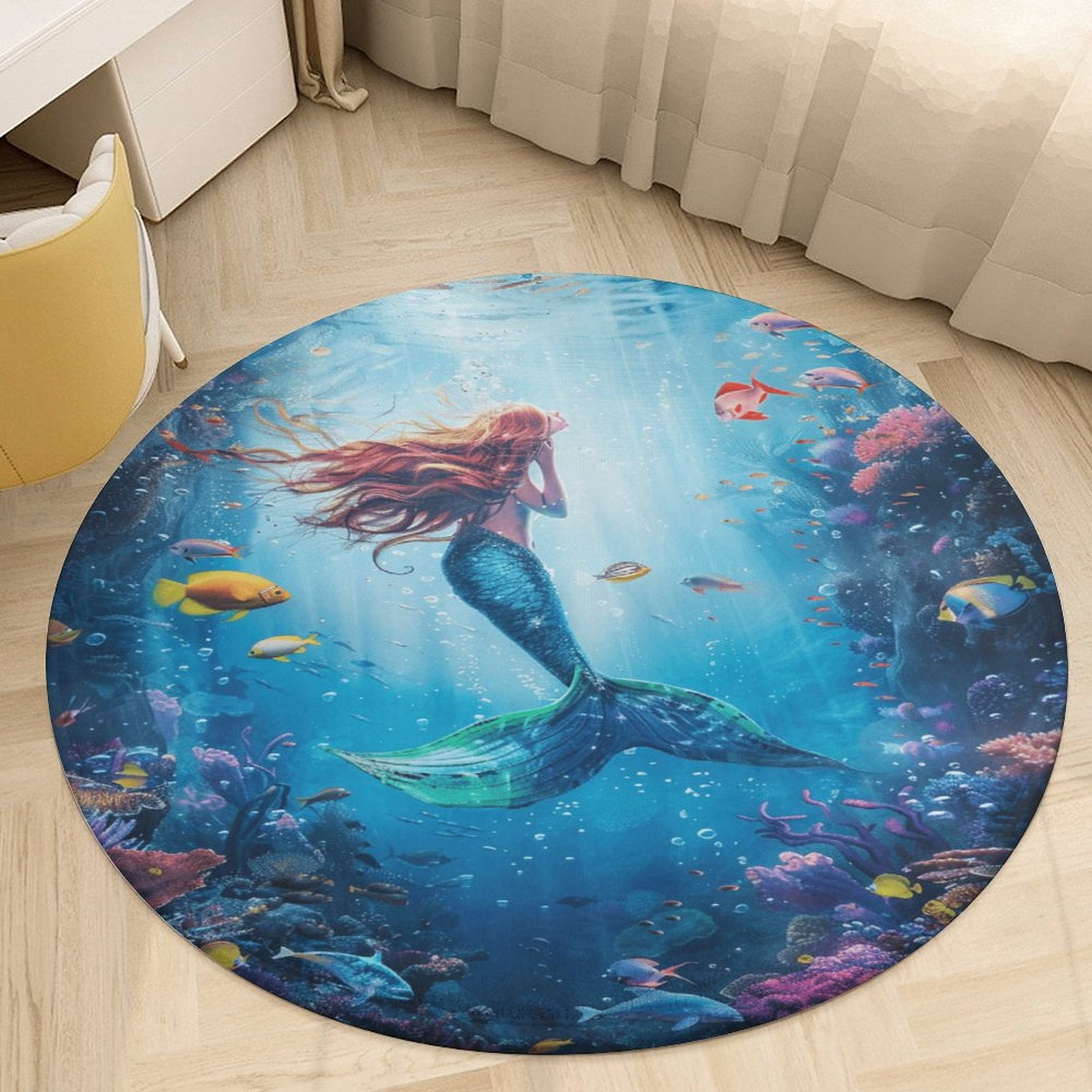 Mermaid Glitter Fish Scale Girls Washable Round Rug -Circle Area